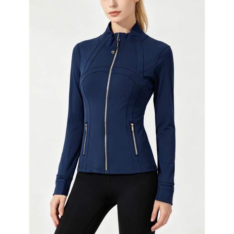 Womens Slim Fit Yoga Jacket With Gold Zipper Stand Collar Long Sleeve Athletic Top Nylon Breathable Workout Outerwear