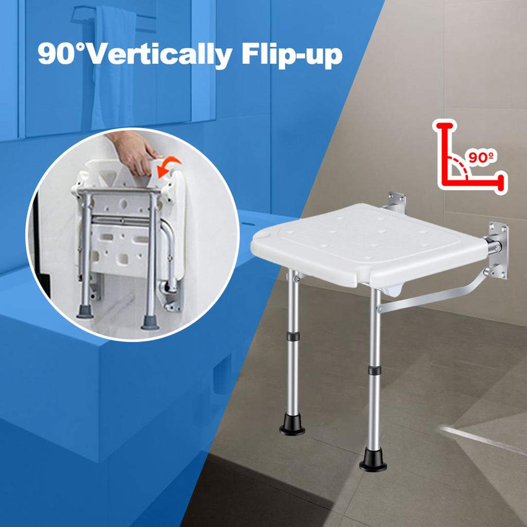 Folding Shower Bench Wall Mounted Flip Up Bath Seat Screw In Bathroom Chair Stool with Non Slip Feet Drainage Holes