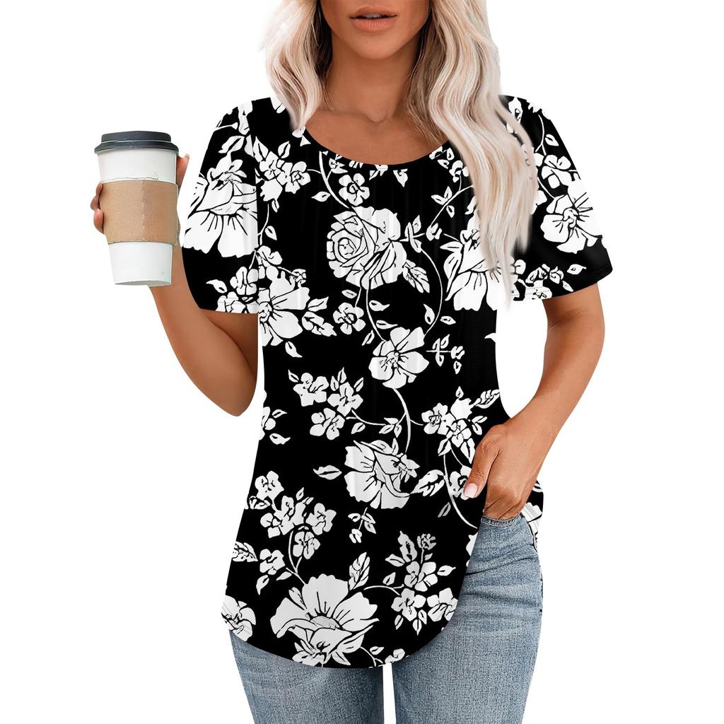 Женская летняя модная повседневная плиссированная футболка с коротким рукавом и круглым вырезом с принтом Топ