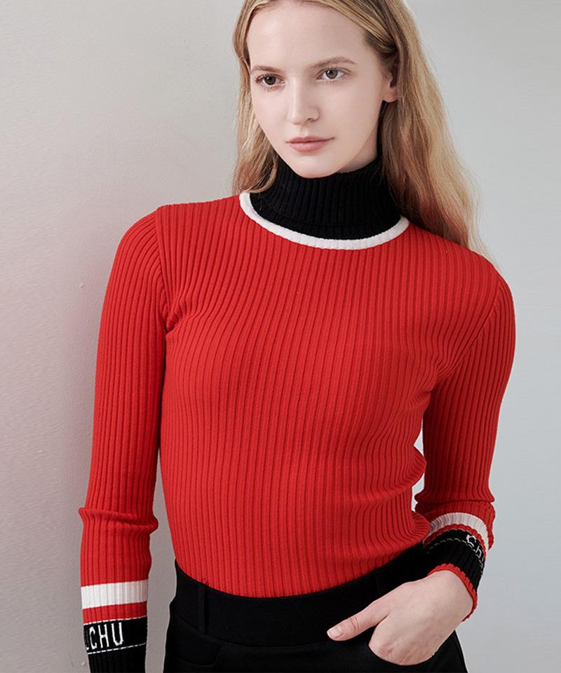 CHUCUCHU C23F-Kts006W High-Neck Red Ribbed Knit Top
