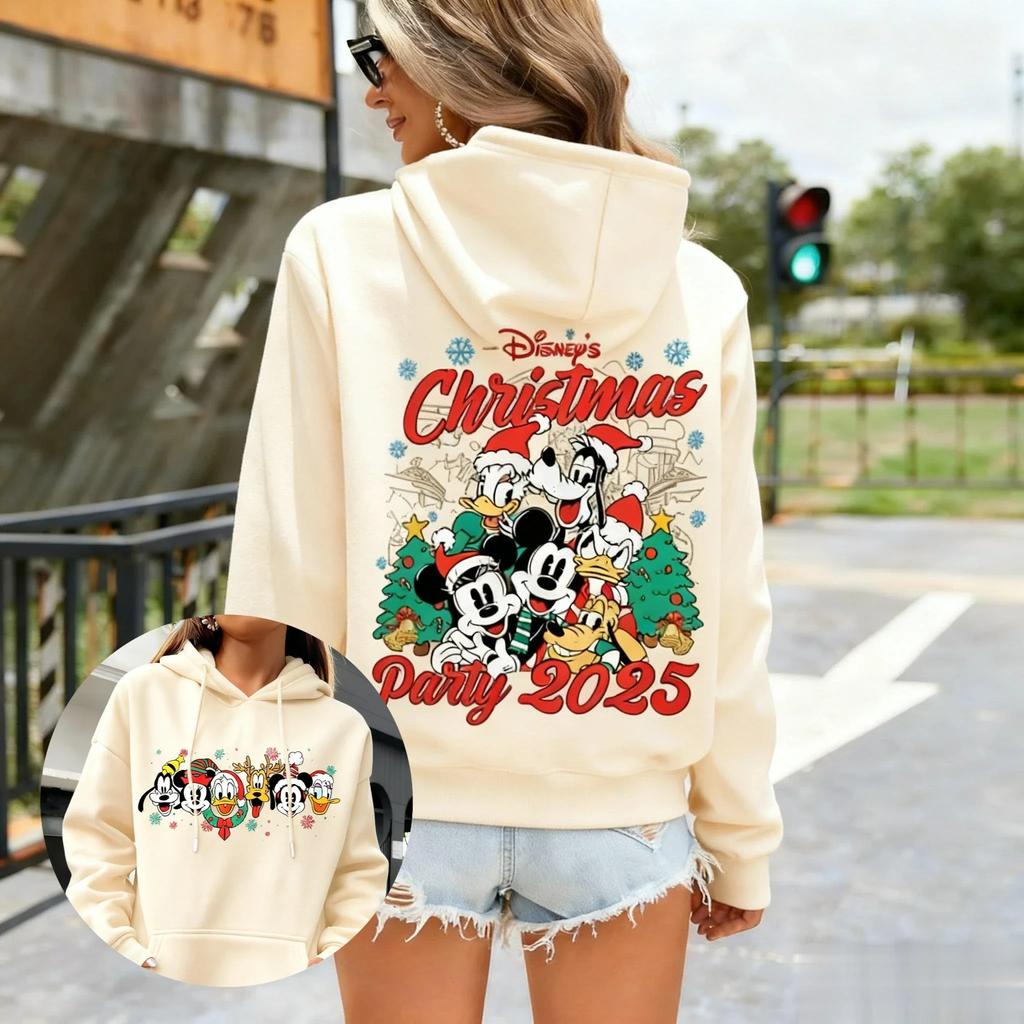 Худи с принтом для рождественской вечеринки Disney для женщин и мужчин, Микки, мультяшная графика, пуловер, толстовка, повседневная уличная куртка, зимняя мода