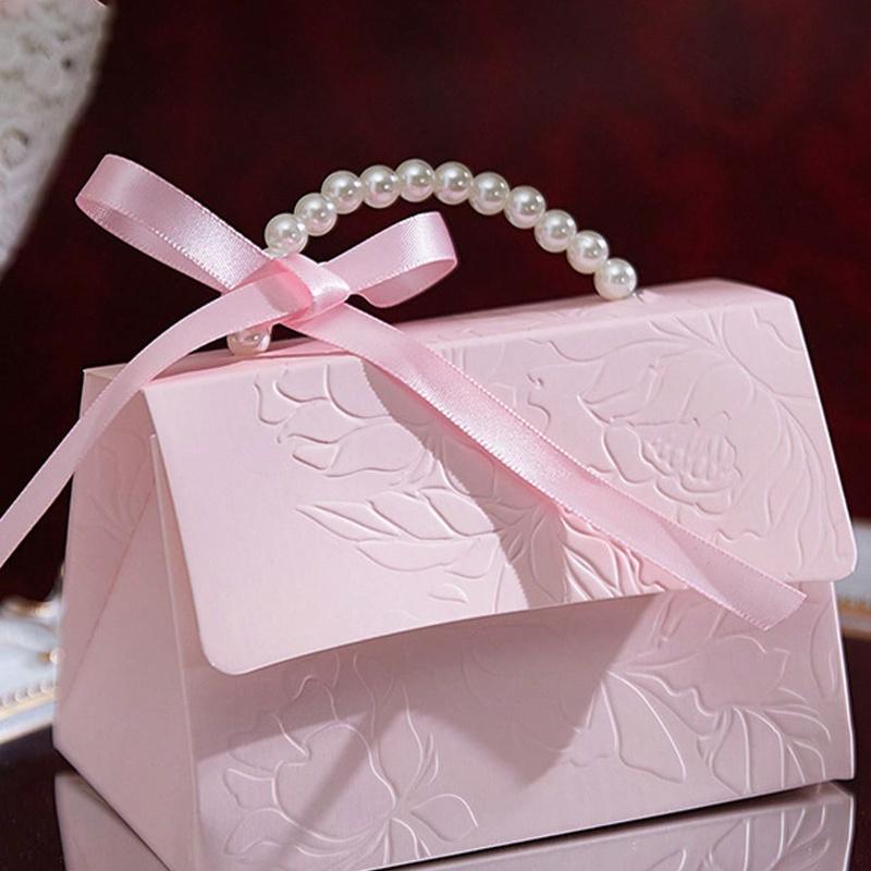 Простой подарочный пакет для вечеринки, бумажная подарочная коробка с ручкой-жемчужиной, изысканная розовая упаковочная коробка для подарка на День святого Валентина, свадебного подарка