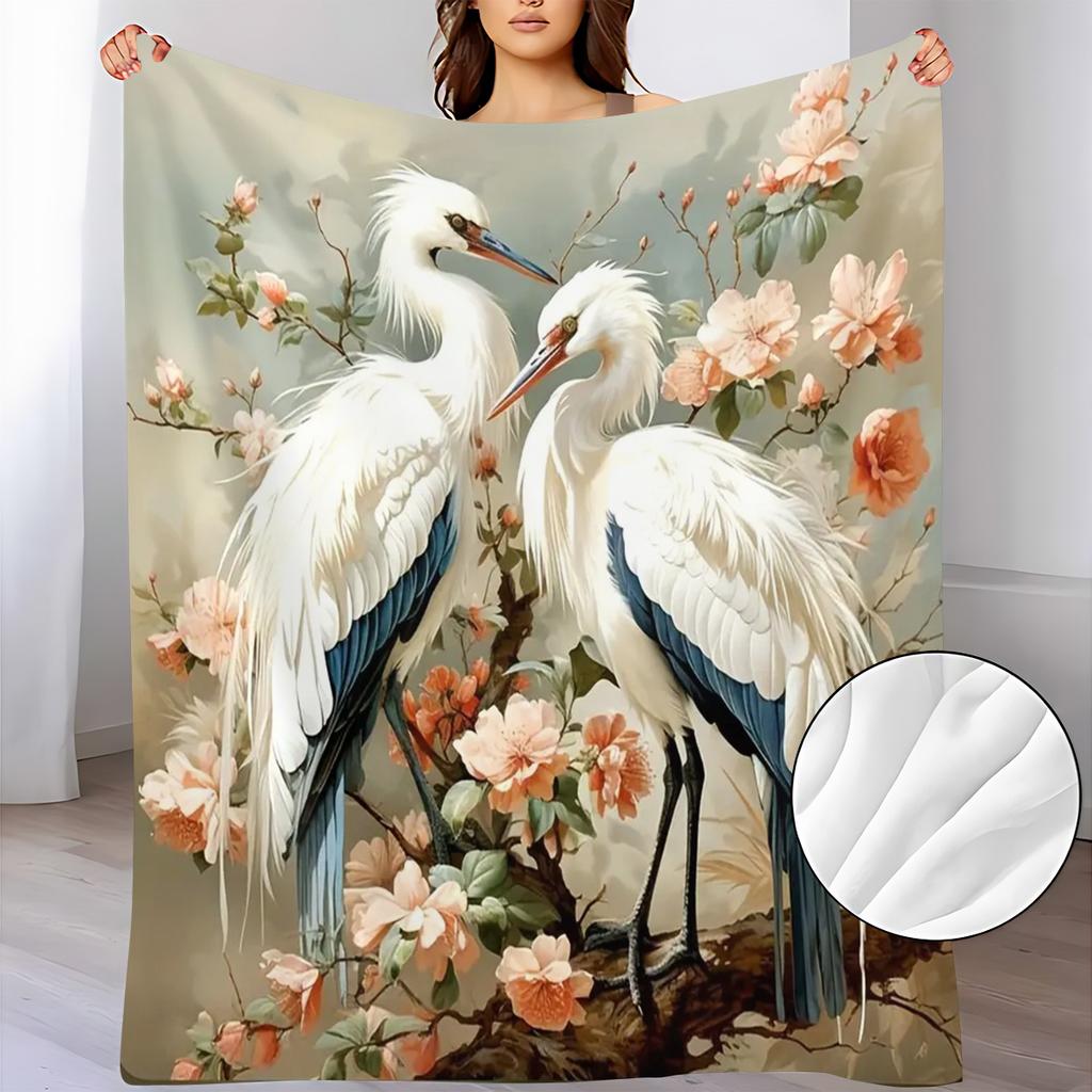 Soft Flannel Blanket Beautiful White Egret Bird Spring Floral Vintage Painting Art Design Lightweight Throw Blanket Couch Bed