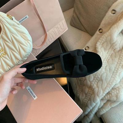 Милый педальный бархат с неглубоким вырезом, бант, плоская подошва, девочка