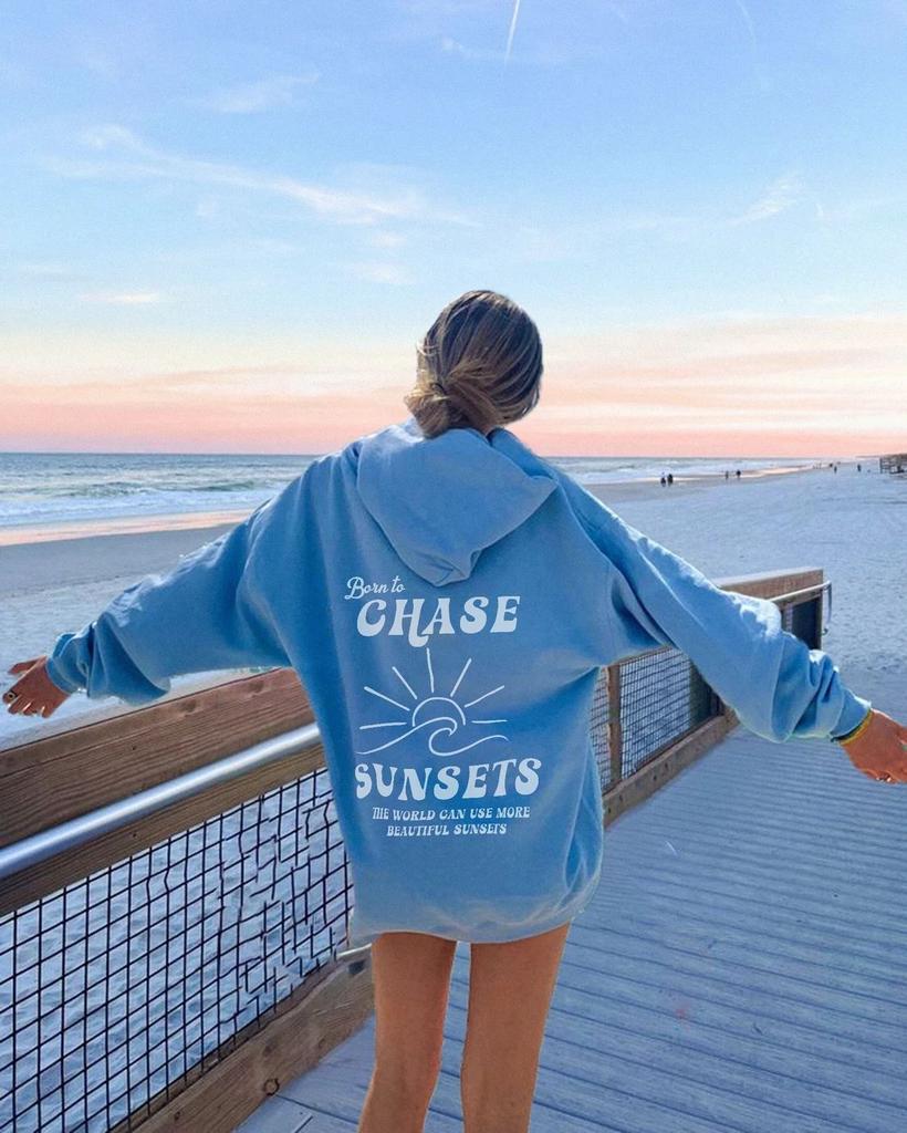 Born To Chase The Sunsets Sleeve Threaded Sweater Print Hooded Sweater Top