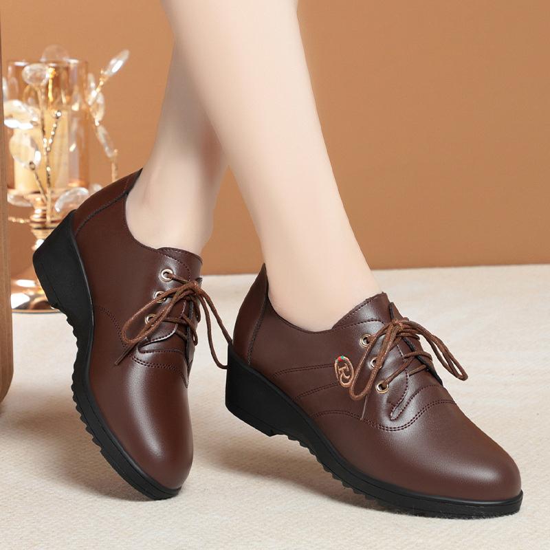 Fashion Spring Autumn Comfortable Non-slip Lace-up Women's Mother Single Shoes Mid-heel Soft Leather Wedge Pump Middle-aged Elderly