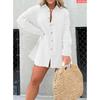 Женская рубашка с длинным рукавом в европейском и американском стиле, шорты с высокой талией, повседневный костюм-двойка, новый однотонный костюм для отпуска с V-образным вырезом