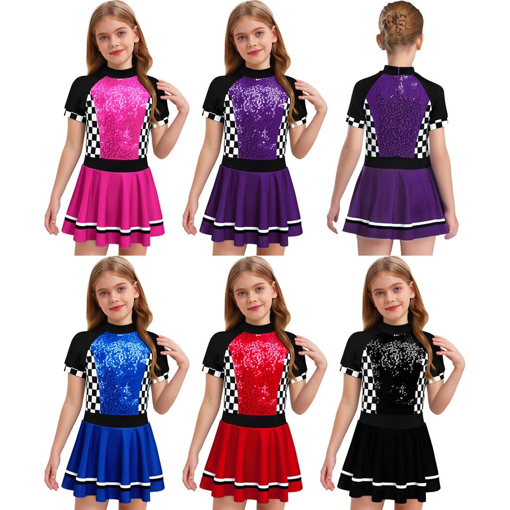 Girls Checkerboard Shiny Sequins Race Dress Mock Neck Short Sleeve Back Invisible Zipper with Built-in Briefs for Halloween Theme Party
