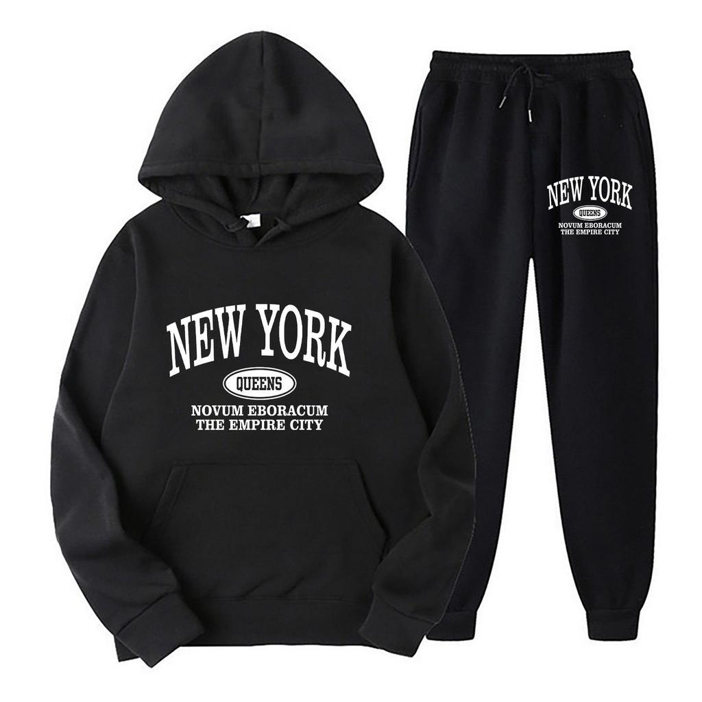 Nyclassic Men Hoodie & Jogger Set, Minimal Retro New York City Arch Letter Motif Print, Thick Fleece Sport Outfit for Light Outdoor Strolls
