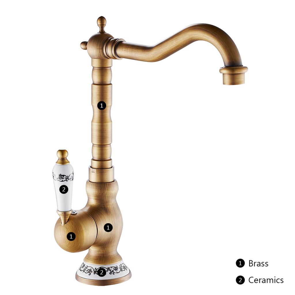 Antique Faucet Brass Single Ceramic Lever 360 Rotatable Basin Vessel Sink Tap Retro Bathroom Kitchen Hot Cold Water Mixer