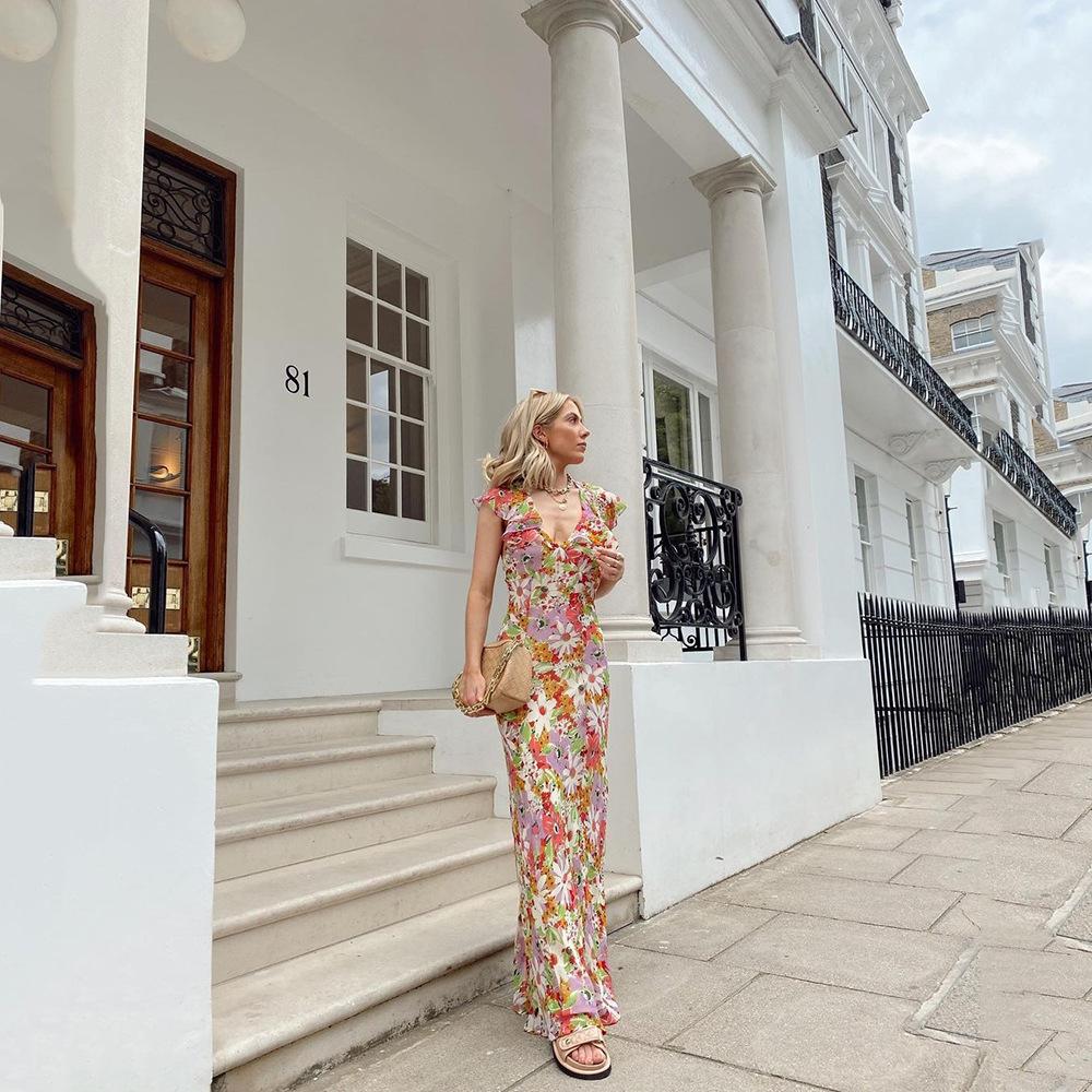 Новое весенне-летнее европейское и американское женское платье темпераментное офисное с принтом с открытой спиной сексуальная цветочная юбка юбка