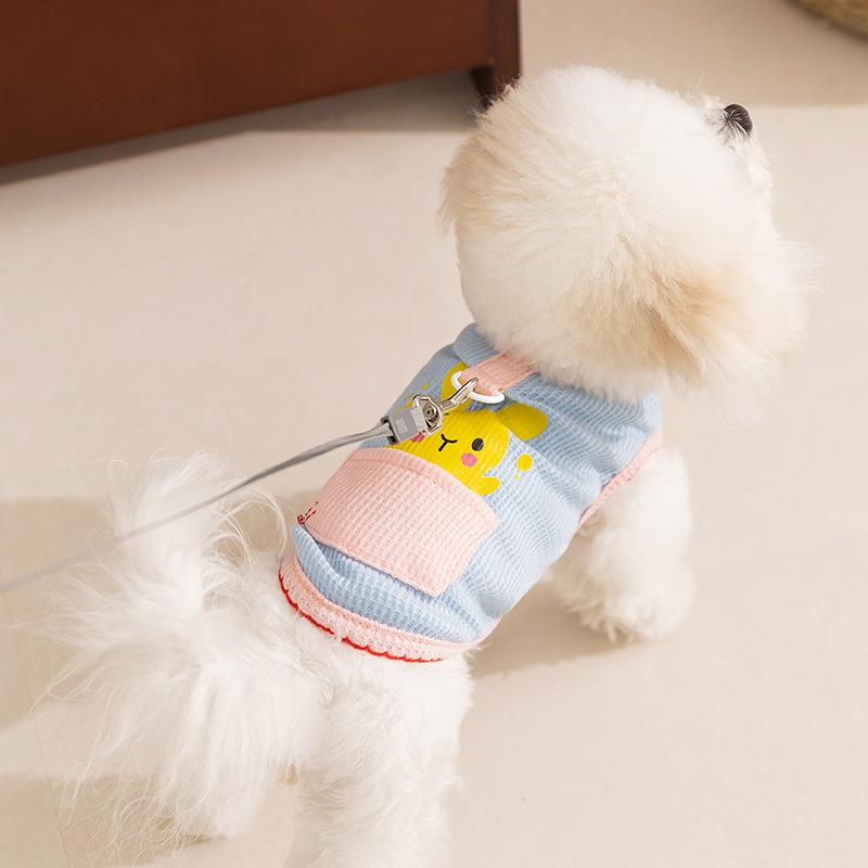 Милая одежда для питомцев Весенне-летняя тонкая дышащая мультяшная жилетка с карманом Тяговый жилет для собак средних и маленьких пород Одежда для собак