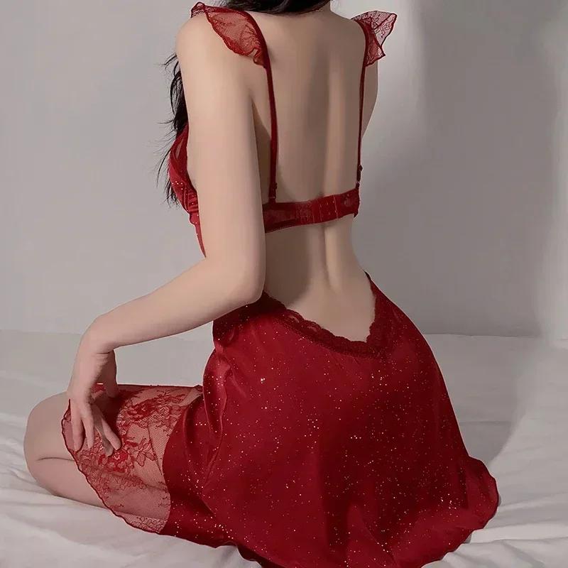 Роскошная пижама, женский пижамный комплект, мини-платье на шнуровке с бюстгальтером, сексуальная женская пижама