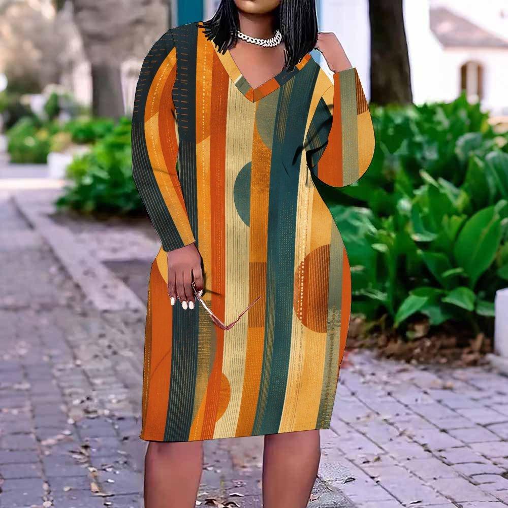 Women Plus Size V Neck Long Sleeve Printed Fitted Straight Hem Dress