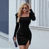 Fall Winter Women's Velvet Midi Dress, Square Neck Slit Puff Long Sleeve Bodycon A-line Dress, Elegant Cocktail Party Dress, In Stock
