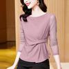 High-End Mesh Long-Sleeve Women's Base Shirt - Autumn 2025 Waist-Cinching Slim Fit Irregular Top