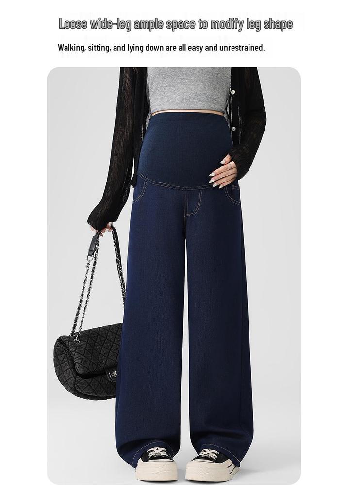 Maternity Dark Blue Wide-Leg Denim Jeans - Colorfast, Casual, Straight-Leg Support Pants for Spring.
