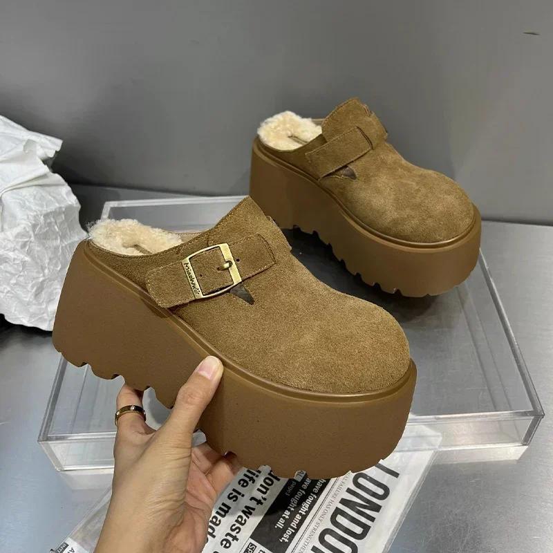 Платформа Высокий каблук Тапочки Женские замшевые туфли-мюли Женские 2025 Тренд Зима Новые Теплые Повседневные Модные Снежные Ботинки Mujer Zapatos