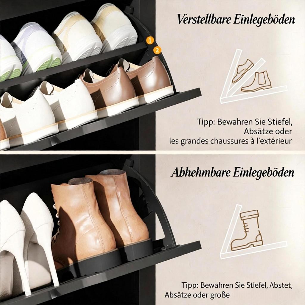 Shoe Cabinet, 3 Drop-Down Doors, 2 Compartments, Particleboard Panels, Black