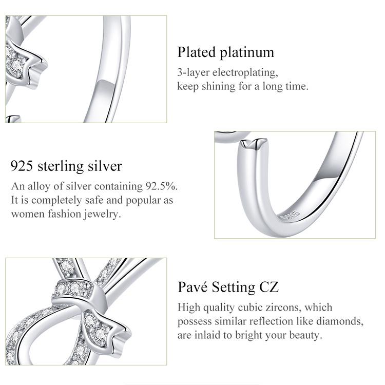 Bisaer Кольца на палец из стерлингового серебра 925 пробы с бантиком и лентой для женщин Штабелируемые регулируемые кольца с CZ