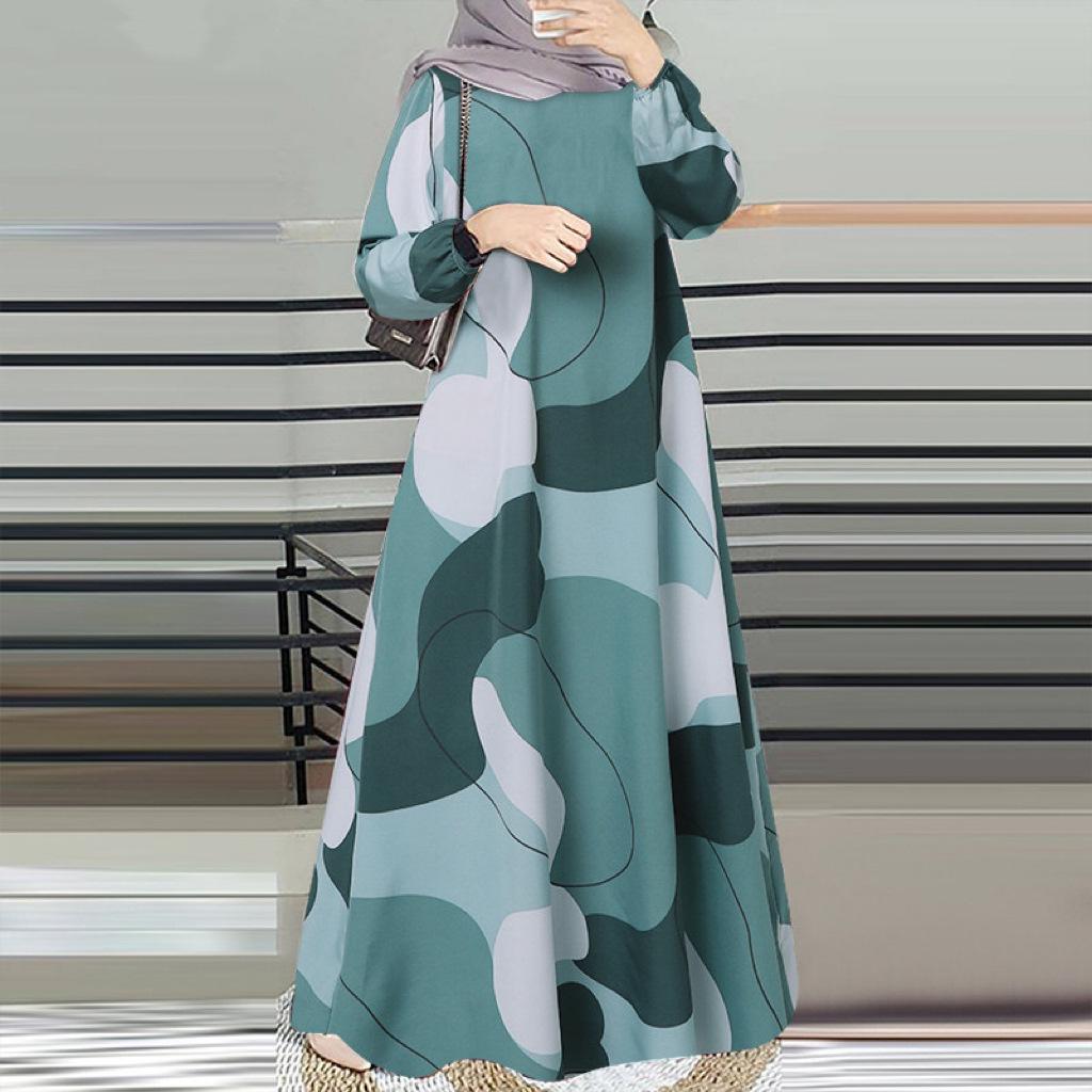 2025 Long Sleeve Round Neck Printed Robe - Middle Eastern Muslim Malay Dress