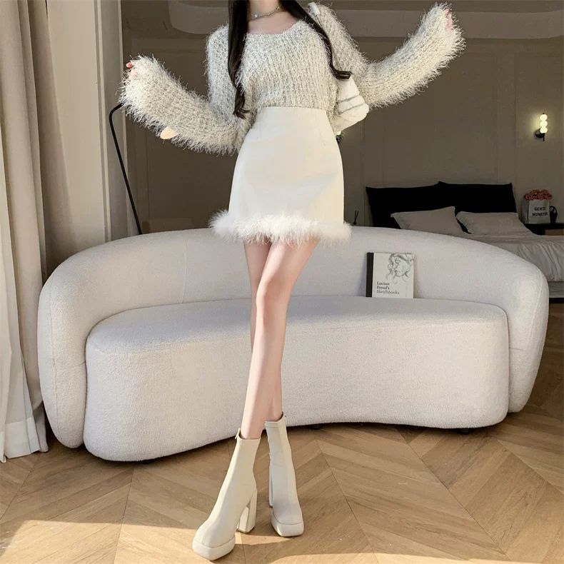 Юбка из искусственной кожи Осень и зима Женская юбка Новый стиль Высококачественная меховая вставка Темперамент Высокая талия Бедра А-силуэт Короткая юбка