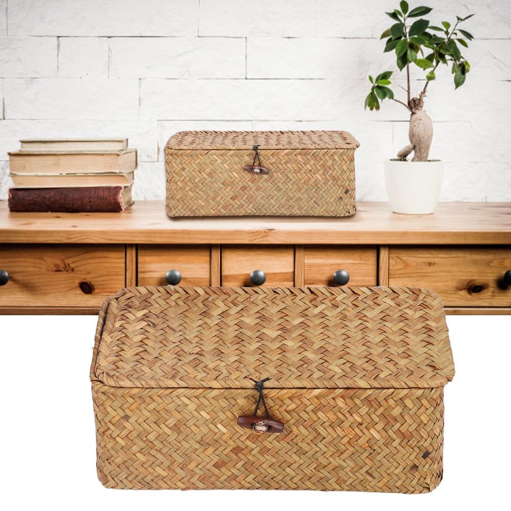 Handwoven Seagrass Storage Basket Seagrass Desktop Organizer Woven Rectangular Basket Office Desk
