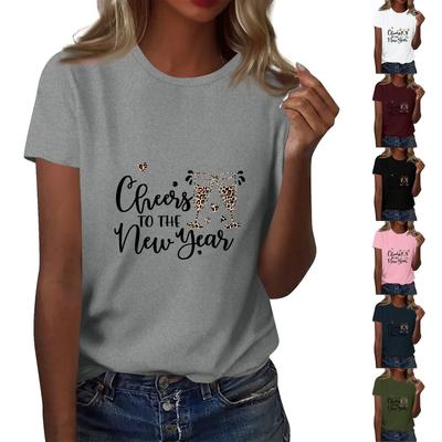 Женская мода 2026 Новый год Принт Круглый вырез Короткий рукав Топ