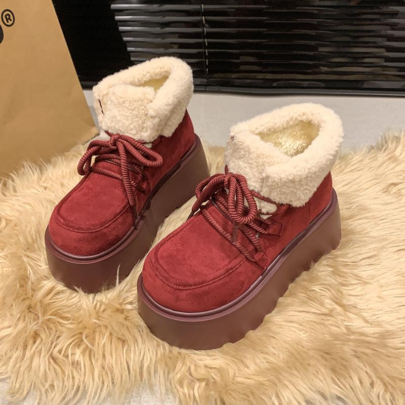 Ботинки женские на меховой платформе, теплые, замшевые, на шнуровке, женские, тренд 2025 года, зимняя хлопковая обувь для мотоциклистов, Botas De Mujer