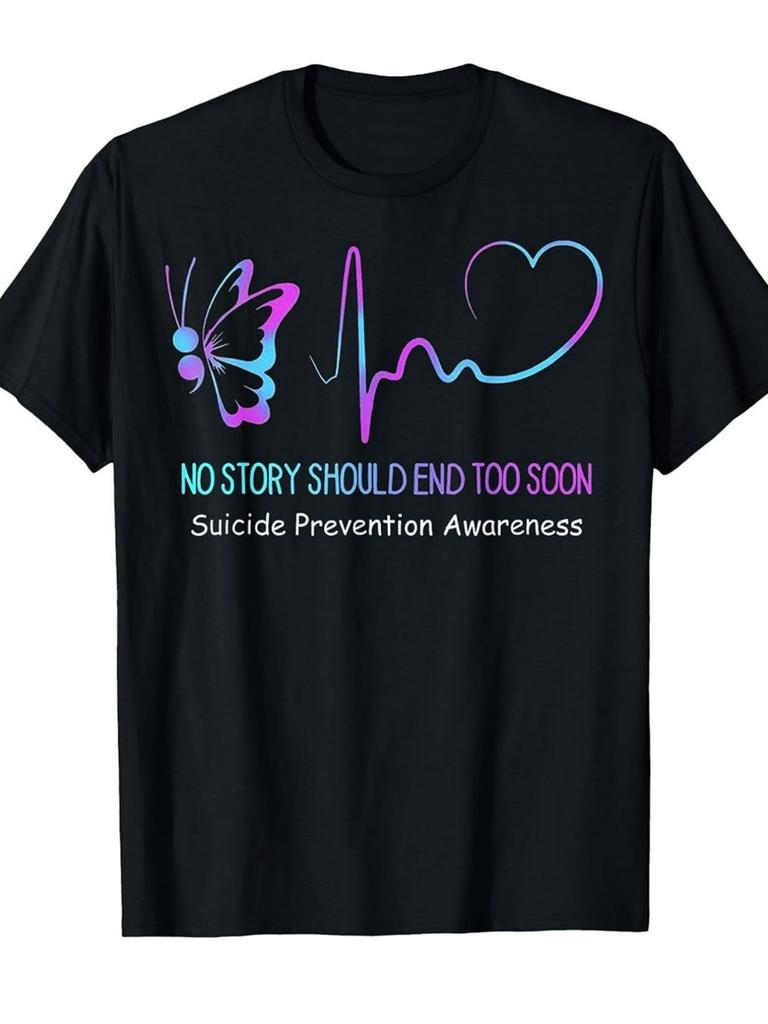 Suicide Prevention Awareness Semicolon Butterfly Heartbeat Tshirt.Comfortable Sports Enthusiast Moisture-Wicking Sports Shirt, Plus Size