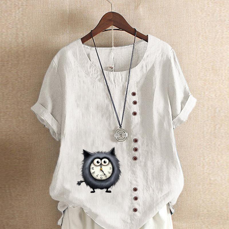 Women's Fashion Alarm Clock Cat Prined Short Sleeve T-shirt Loose Cotton Shirt Casual Loose Summer Blouse Tops Plus Size