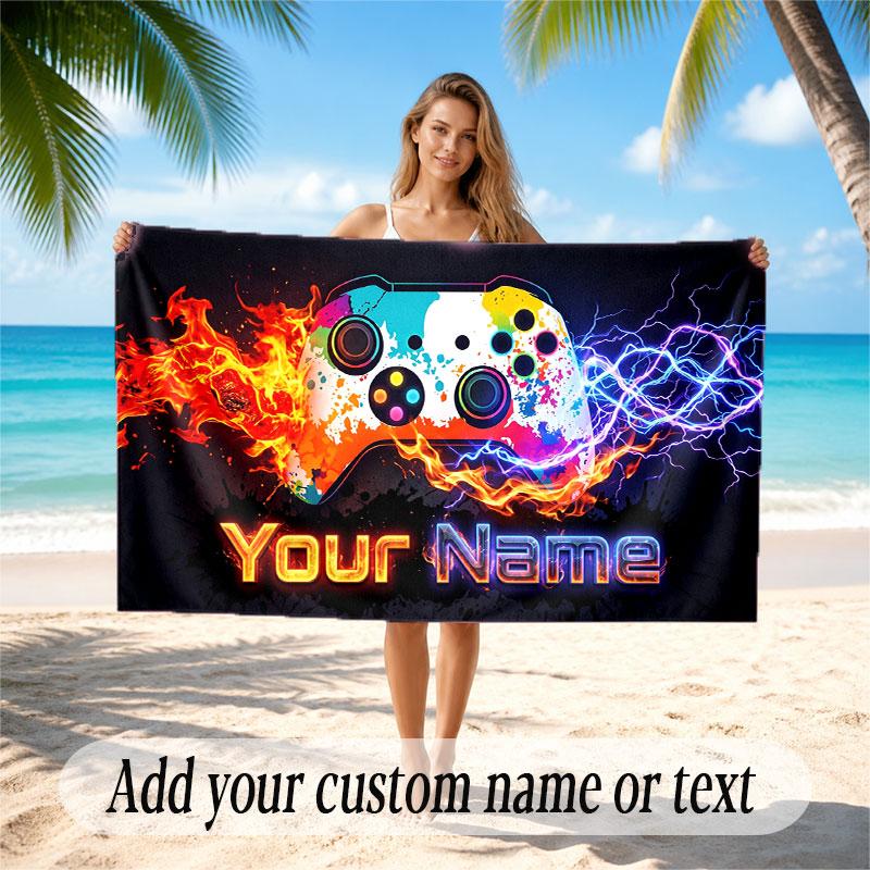 Game Controller Theme Soft Beach Towel Personalized Custom Name Text Towel Portable for Beach Pool Travel