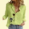 Women Fashion Buttoned Shirt Casual Thin Long Sleeve Top Ladies Cotton Linen Cat Print Blouse