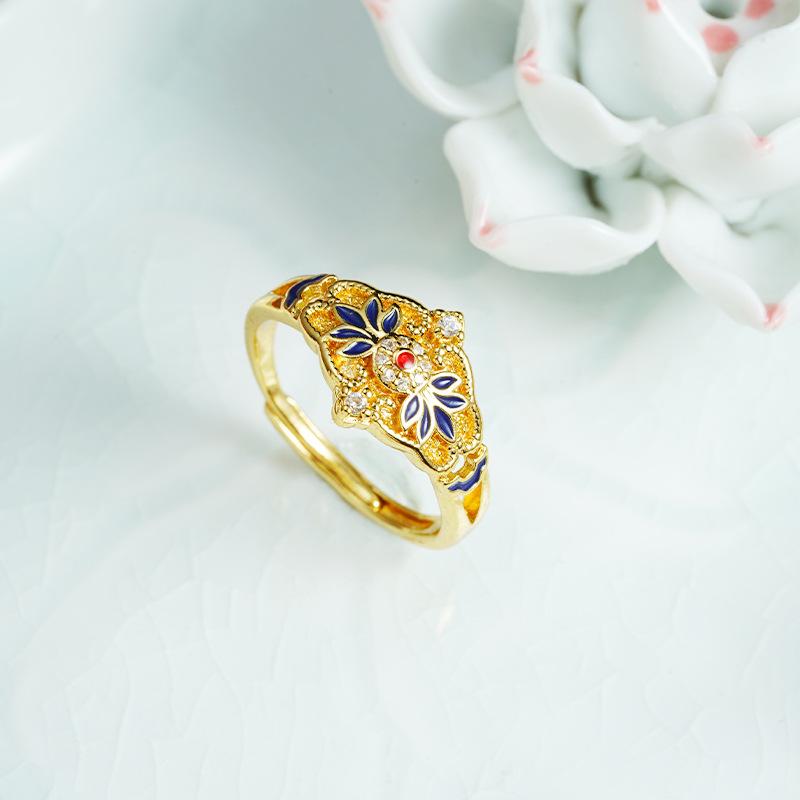 Ring Palace Style Enamel Dripping Oil Leaf Live Ring Feminine Temperament