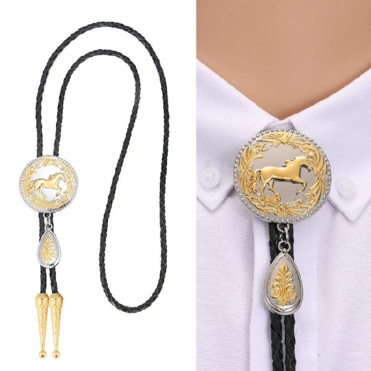 Adjustable Braided Leather Rope Bolo Tie with Metal Horse and Drop Pendant Western Necklace Vintage Necktie Neckwear