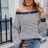 Women's Fashionable Striped Contrasting Temperament One Neck Knitted Sweater Top