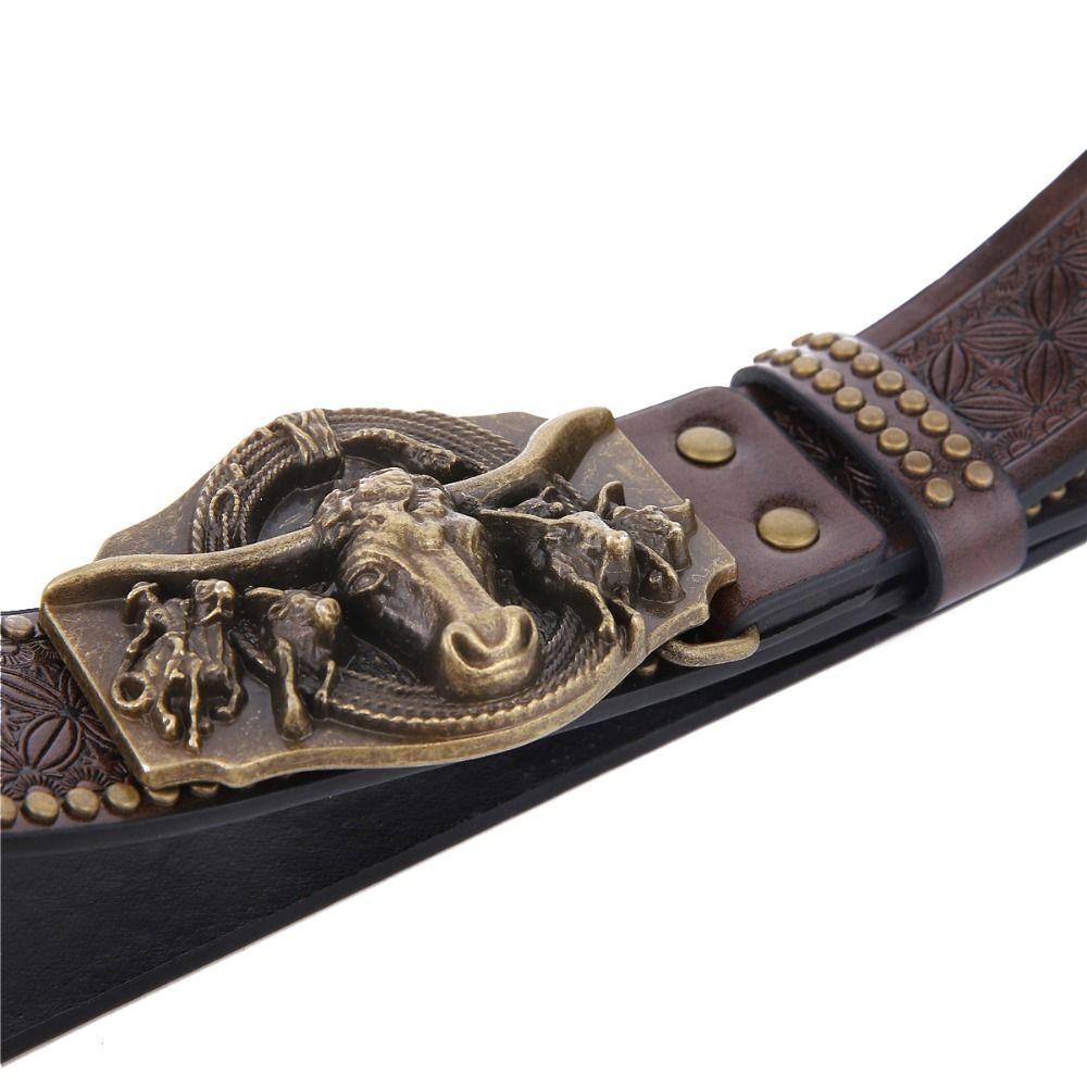 Retro Western Cowboy Men's PU Leather Belt Luxury Design Trendy Brand Ox Head Waistband Jeans Pants Belt