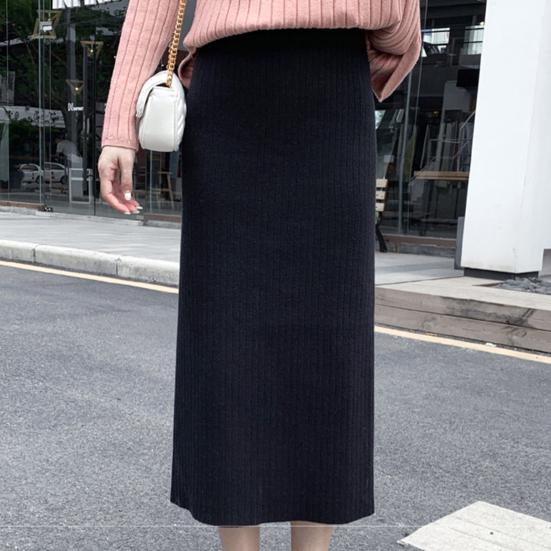 Women Knitting Skirt High Waist Back Slit Design Solid Color Midi Skirt Soft Breathable Thickened Warm Hip Wrapped Skirt