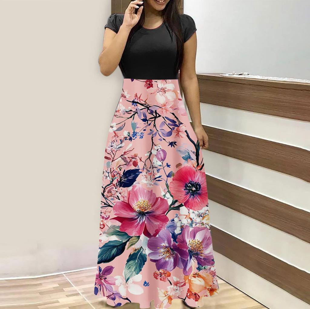 Женская мода повседневные свободные принтованные платья с круглым вырезом и коротким рукавом длинные платья с коротким рукавом длинные платья