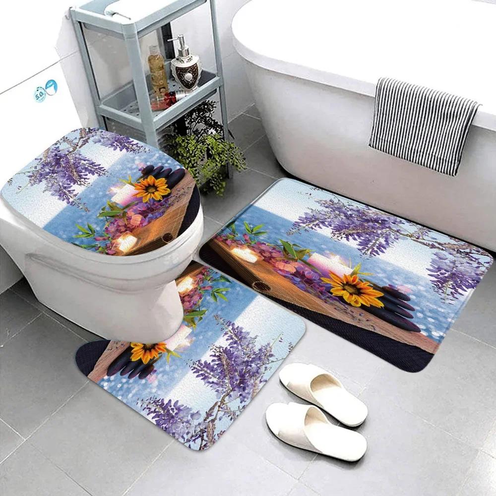 Zen Bathroom Rug Set Green Bamboo Meditation Black Pebbles Flowing Flannel Non-Slip Bath Mat Toilet Mat Toilet Decor Carpet Set