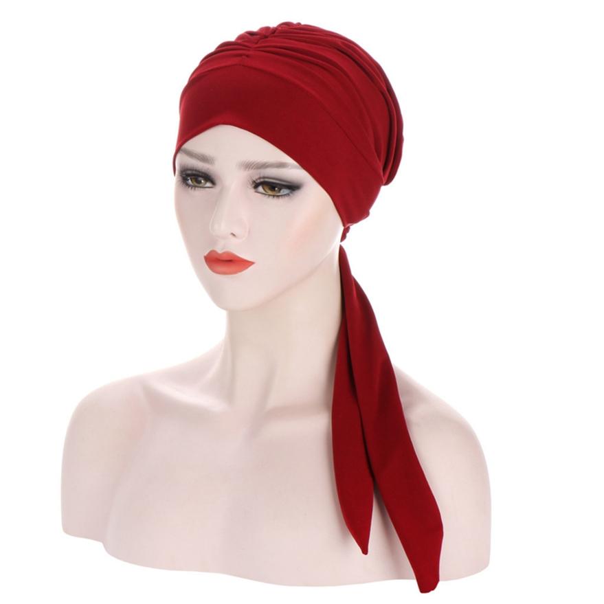 Stretch Fashion Muslim Headwrap Crystal Hemp Long Tail Bow Turban Hat Chemo Cap