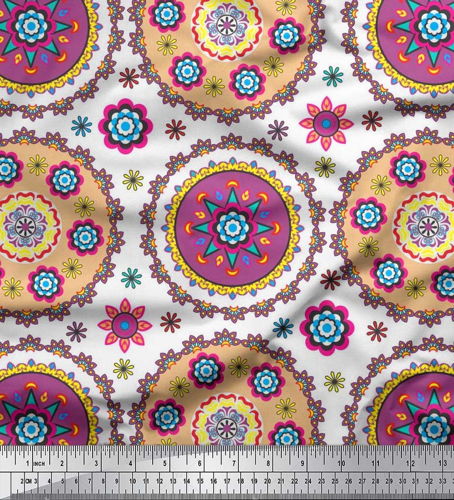 Soimoi Японский креп-атласная ткань с цветочным принтом Мандалы, швейная ткань, метр 42 дюйма