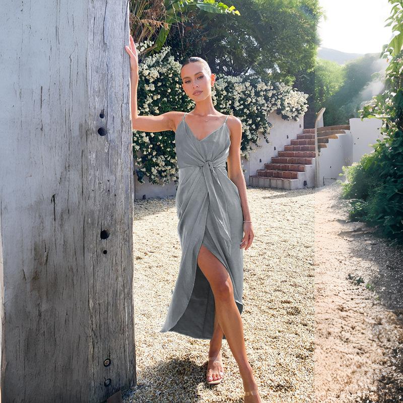 Женское однотонное платье длиной до щиколотки с открытой спиной и v-образным вырезом с высокой талией