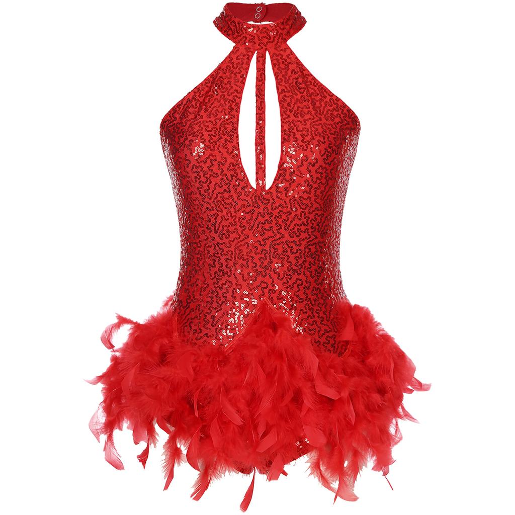 Womens Stage Performance Dancewear Halter Sleeveless Backless Shiny Sequins Feather Dance Leotard