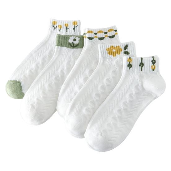 5 Pairs Women Socks Refreshing Flower Prints Mid-tube Shallow-cut High Elasticity Soft Breathable Sweat Absorption Anti-slip Girls Daily Sports Socks