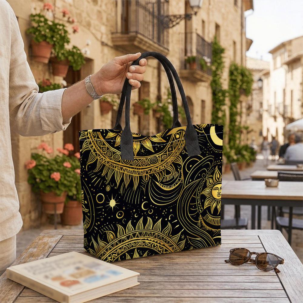 Boho Sun Moon Print Tote Bag Large Capacity Casual Shoulder Handbag for Daily Use