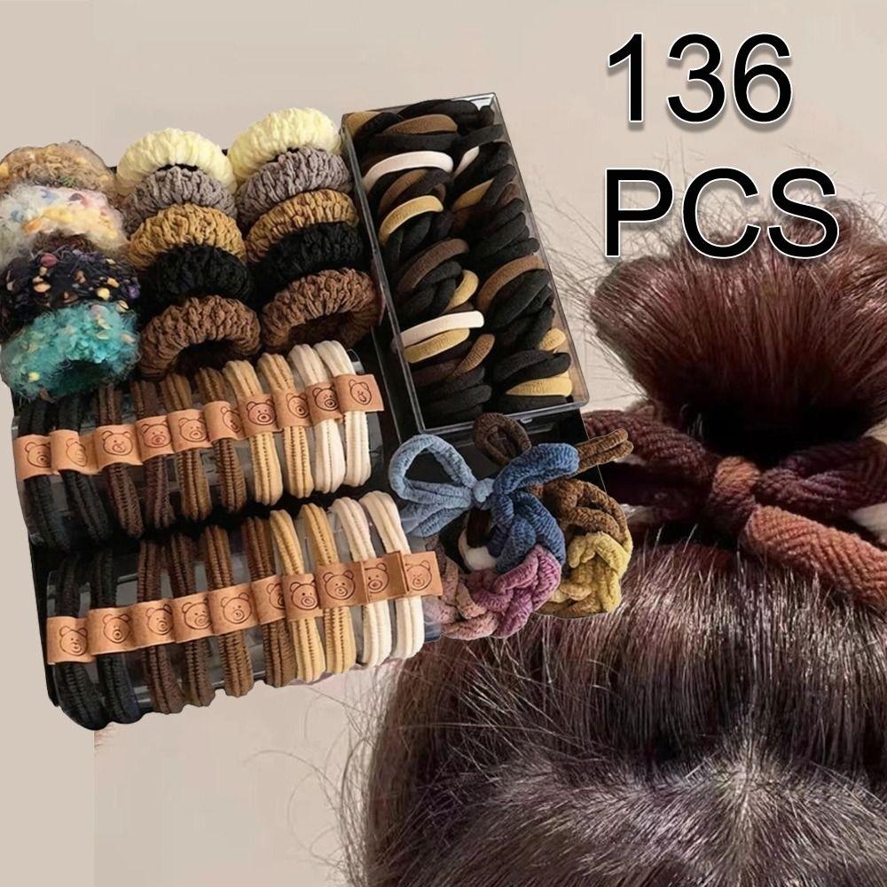 136Pcs High Elastic Brown Hair Accessories Set No Crease Elastic Hair Bands for Women Girls