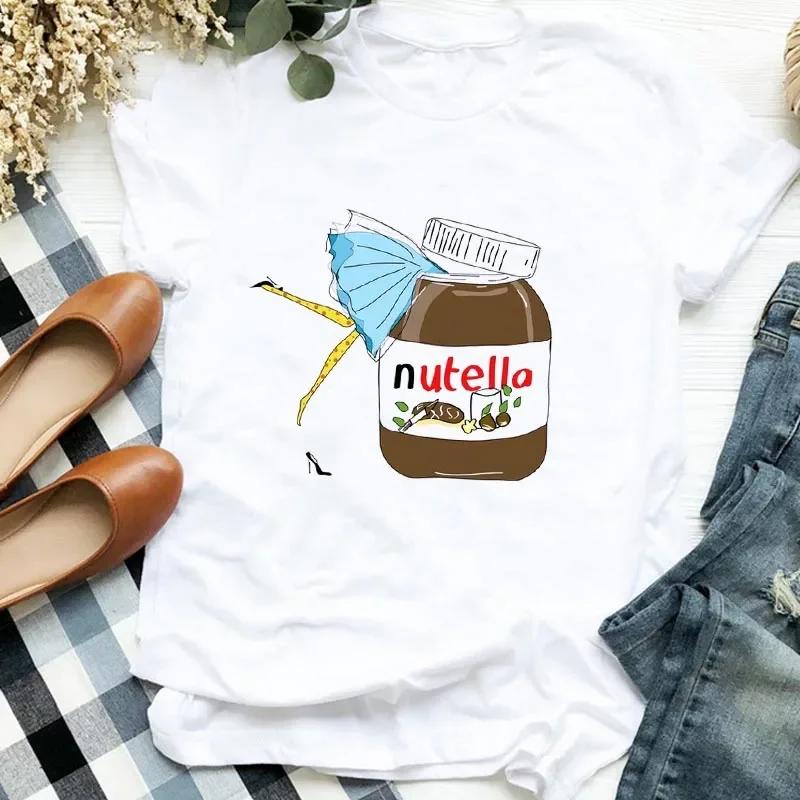 Футболка Женская с принтом Nutella Модная Харадзюку Футболка Девушка Повседневная Белый Топ Футболка Новейшая Летняя Женская Футболка Одежда