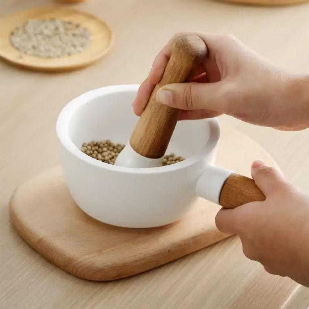 Efficient Grinding Hand-held Mashing Jar with Wood Handle Pottery Grinding Bowl  Household
