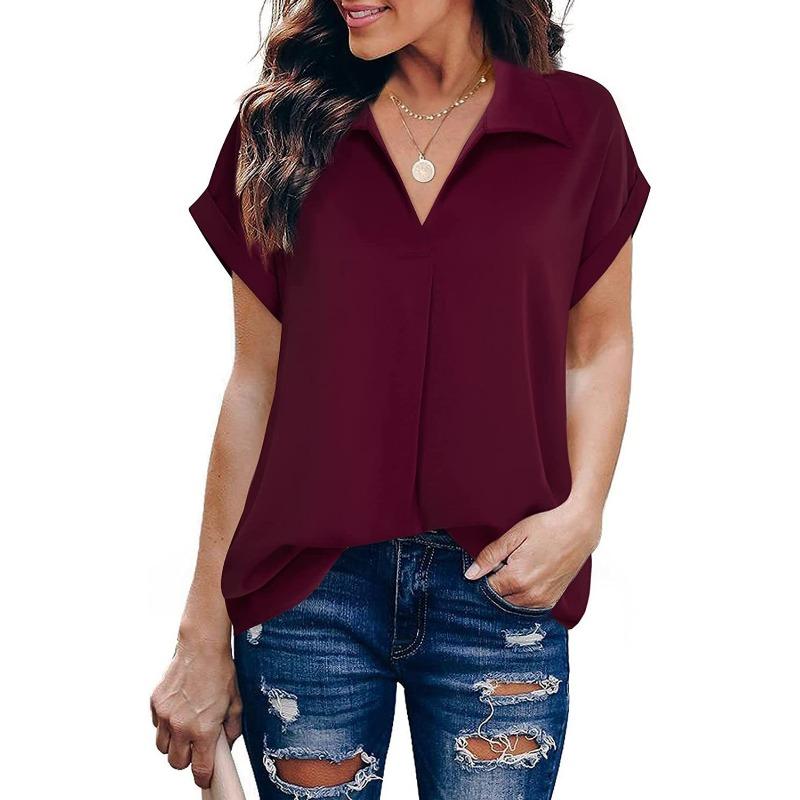 YYFS Women's Fashion Casual Summer Spring Solid Color Print Short Sleeve POLO Neck Blouses & Shirts